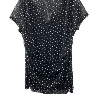 NWT INC Double Layer V Neck Black and White Polkadot Shirt Sleeve Large Top